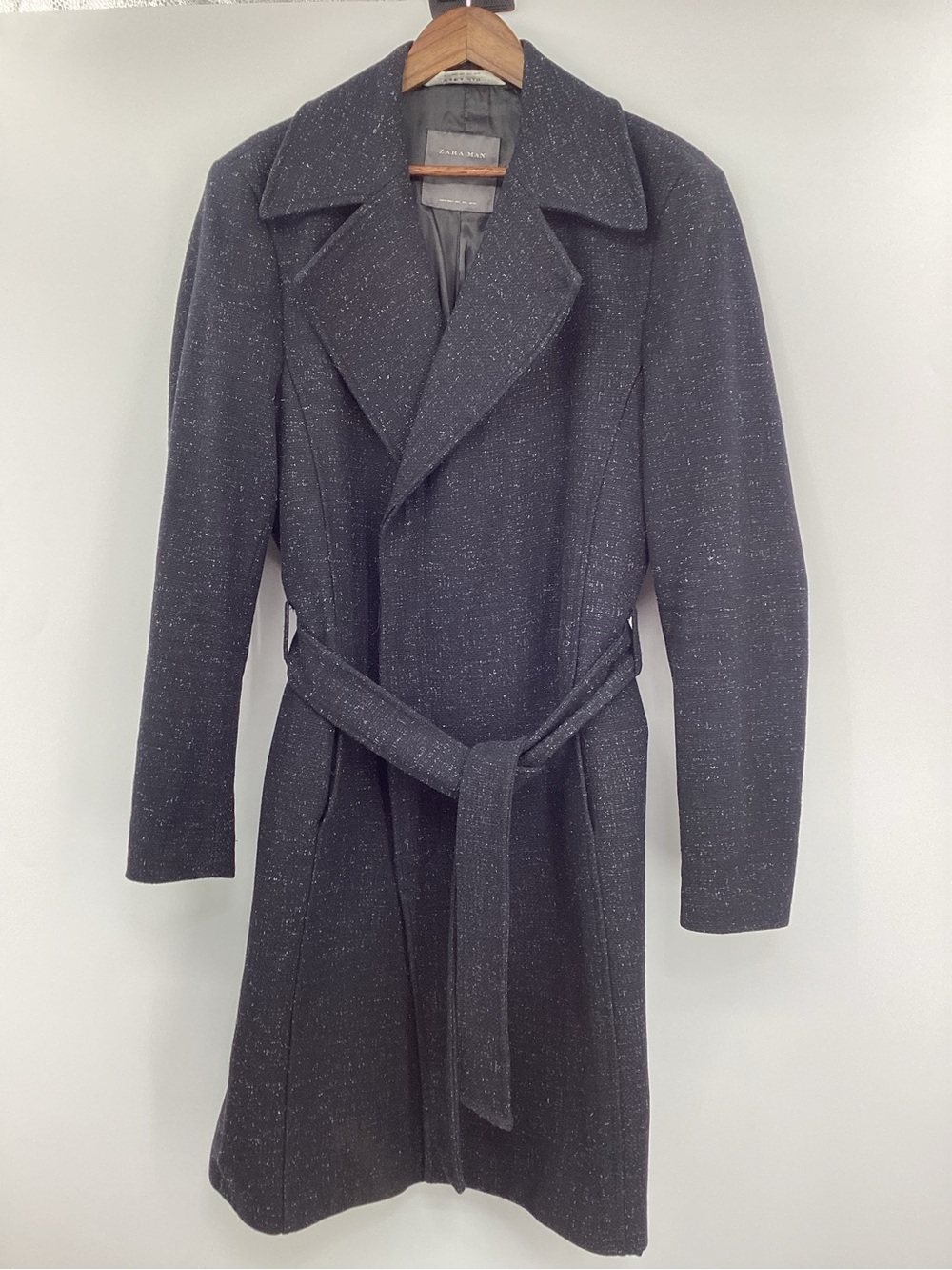 Zara Men's Black Speckled Belted Trench Coat